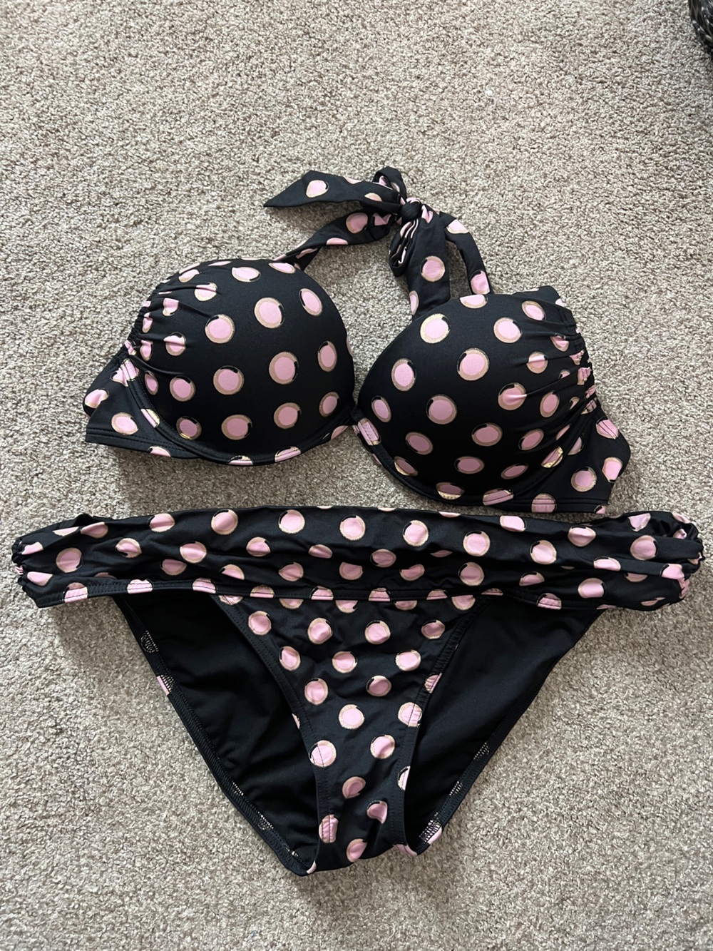 VS Bombshell Black Bikini with Pink Polka Dots - Halter Top & Foldover Bottom